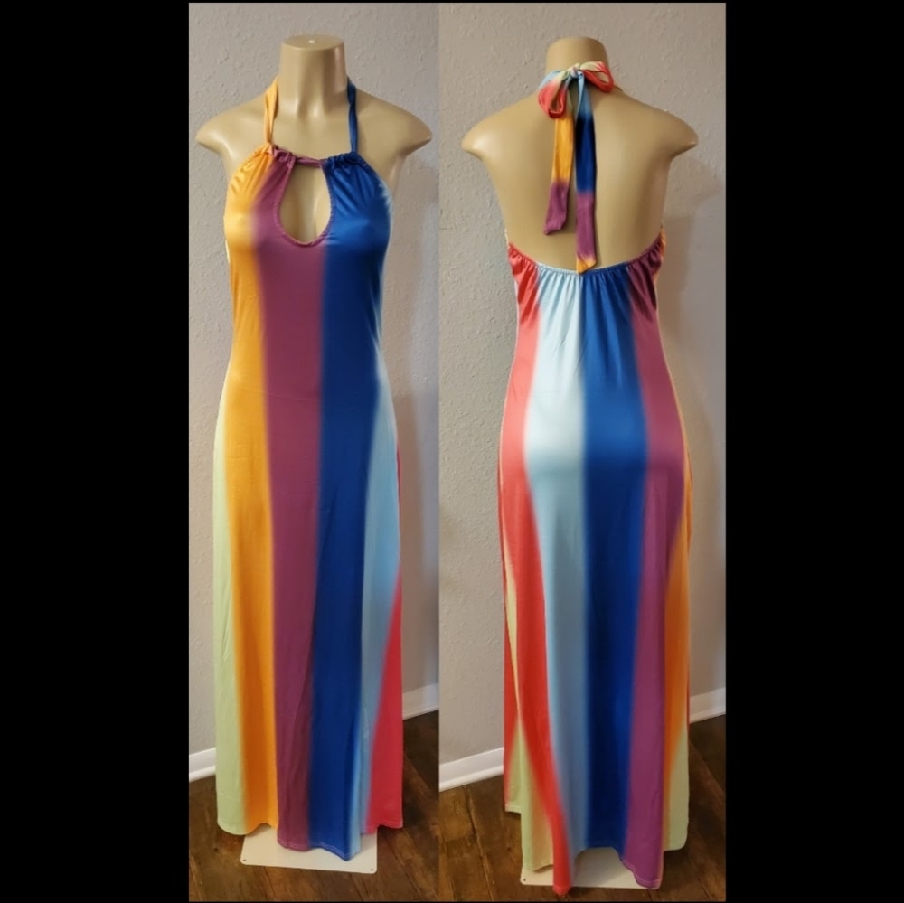 "Jumbo Rainbow" Halter Maxi Dress
